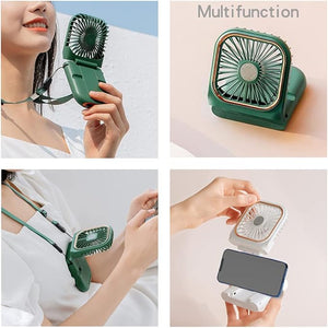 Ventilador de cuello colgante plegable portátil 5 en 1 como banco de energía, soporte para teléfono, ventilador de mano, ventilador de escritorio, ventilador de cuello colgante de carga USB